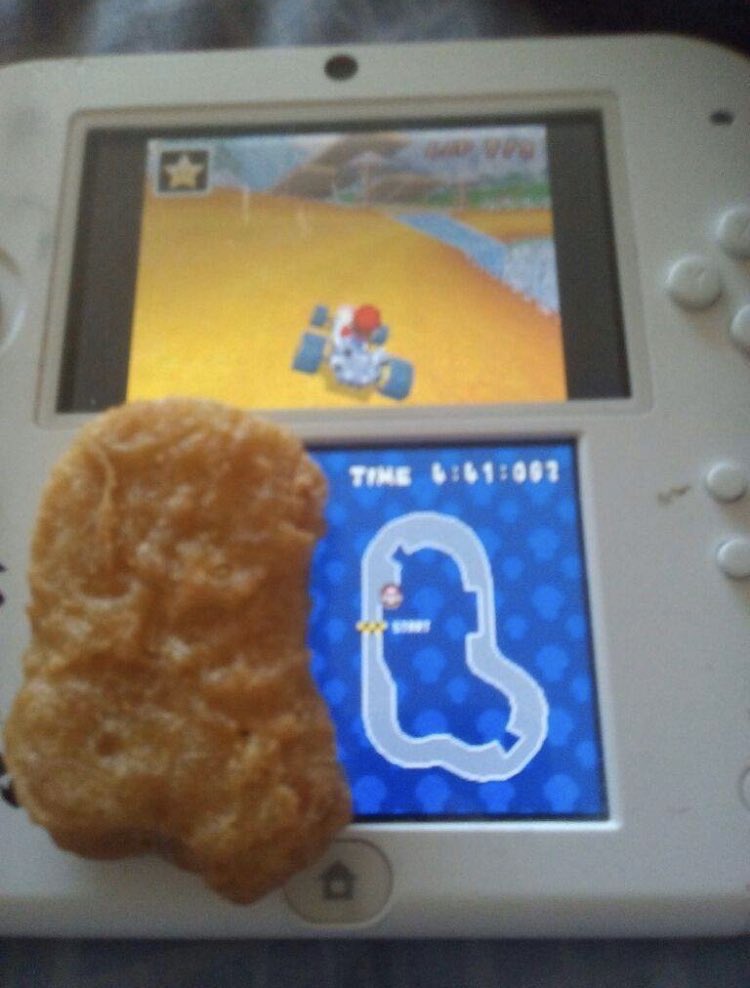 Yoshi Falls first appeared in Mario Kart DS for the Nintendo DS as the second race in the Mushroom Cup.

It is a small course that circles around a giant Chicken Nugget. The stage was among the twenty courses that could be played over Nintendo Wi-Fi Connection.