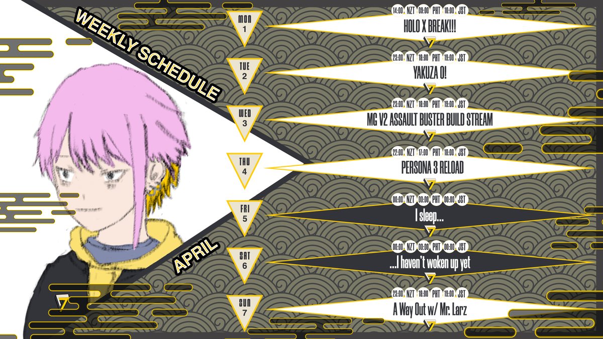 Okurokaruma's tweet photo. 🔰STREAM SCHEDULE🔰 

Here is the stream schedule for the first week of April!   

LIVE: #BitsONArt
ART: #BijutsuNoMoto https://t.co/3eMblVeKW0