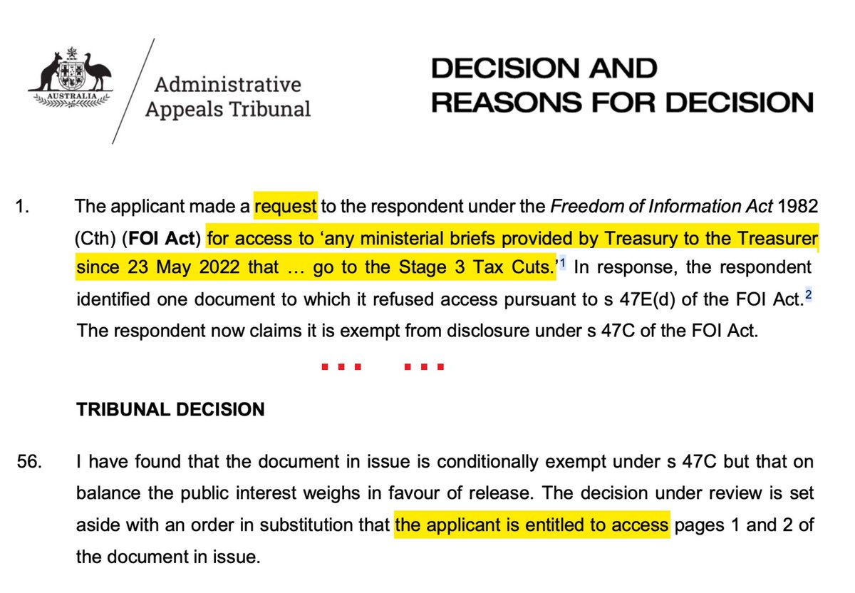 Treasury has LOST the battle to keep a #Stage3TaxCuts brief secret. But they WON by delaying access until it had no part to play in public debate. Even after taking the AAT ‘fast lane’ it took 422 days to correct a bad #FOI decision. FOI is a joke only the Govt laughs at. #auspol