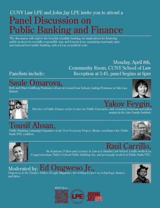 APRIL 8 I’m gonna be moderating a discussion on Public Finance with <a href="/STOmarova/">Saule Omarova</a> and @BuddyYakovb and <a href="/tousifnyc/">Tousif Ahsan</a>  and @RaulACarrillo! It’ll be at CUNY, come through if you’re around!!!
