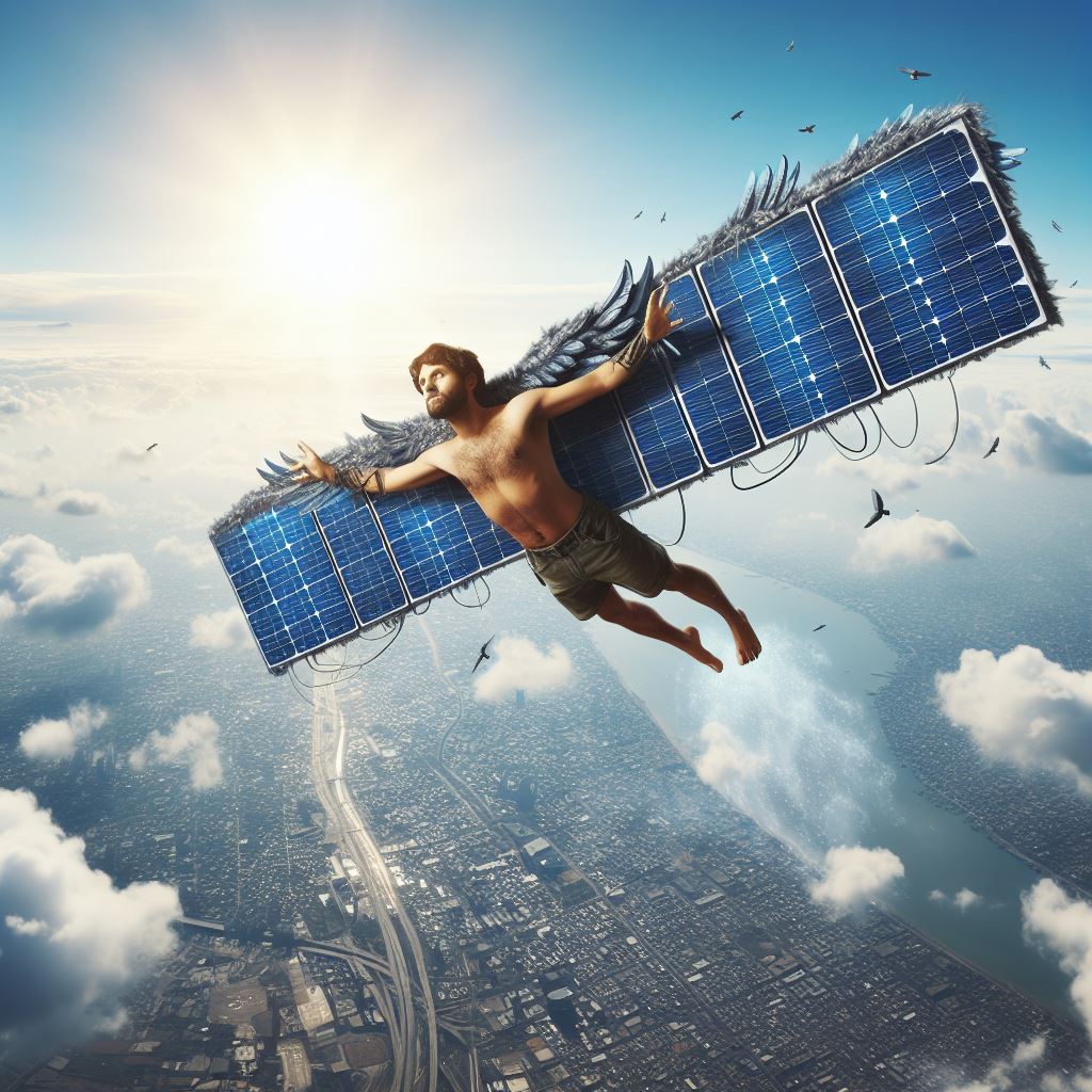 Prompt : flying Icarus the boy with solar panel on upside his wings. #BingCreator #SolarEnergy #solarpunk #sustainabilty YES. Solar energy is the solution for sustainability. It will keep us alive.
