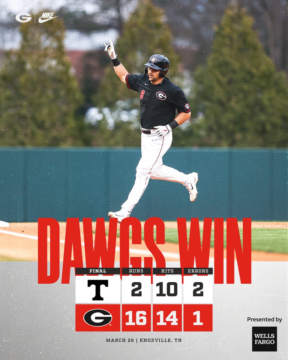 𝑮𝒂𝒎𝒆 𝑶𝒏𝒆 𝒊𝒔 𝑶𝒖𝒓𝒔. The Dawgs use a six-run second inning and four home runs to close the series opener against No. 5 Tennessee early by a run rule. Game Two will start tomorrow at 5 p.m. in Knoxville, Tenn. #GoDawgs | @WellsFargo