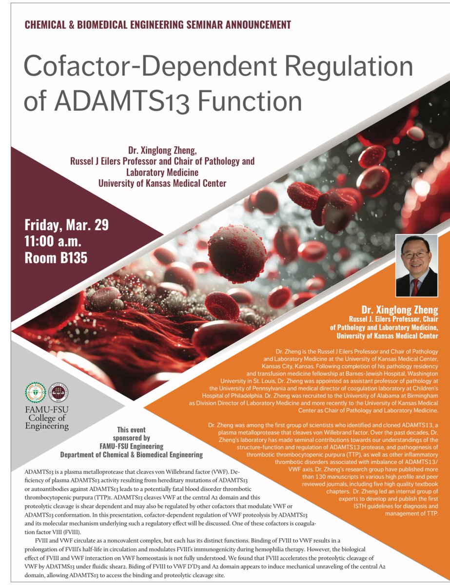I am pleased to have the opportunity to visit and give a seminar at Florida State for undergraduate and graduate students at the department of chemical and biomedical engineering. I learned a lot about blood coagulation from engineering prospects.
