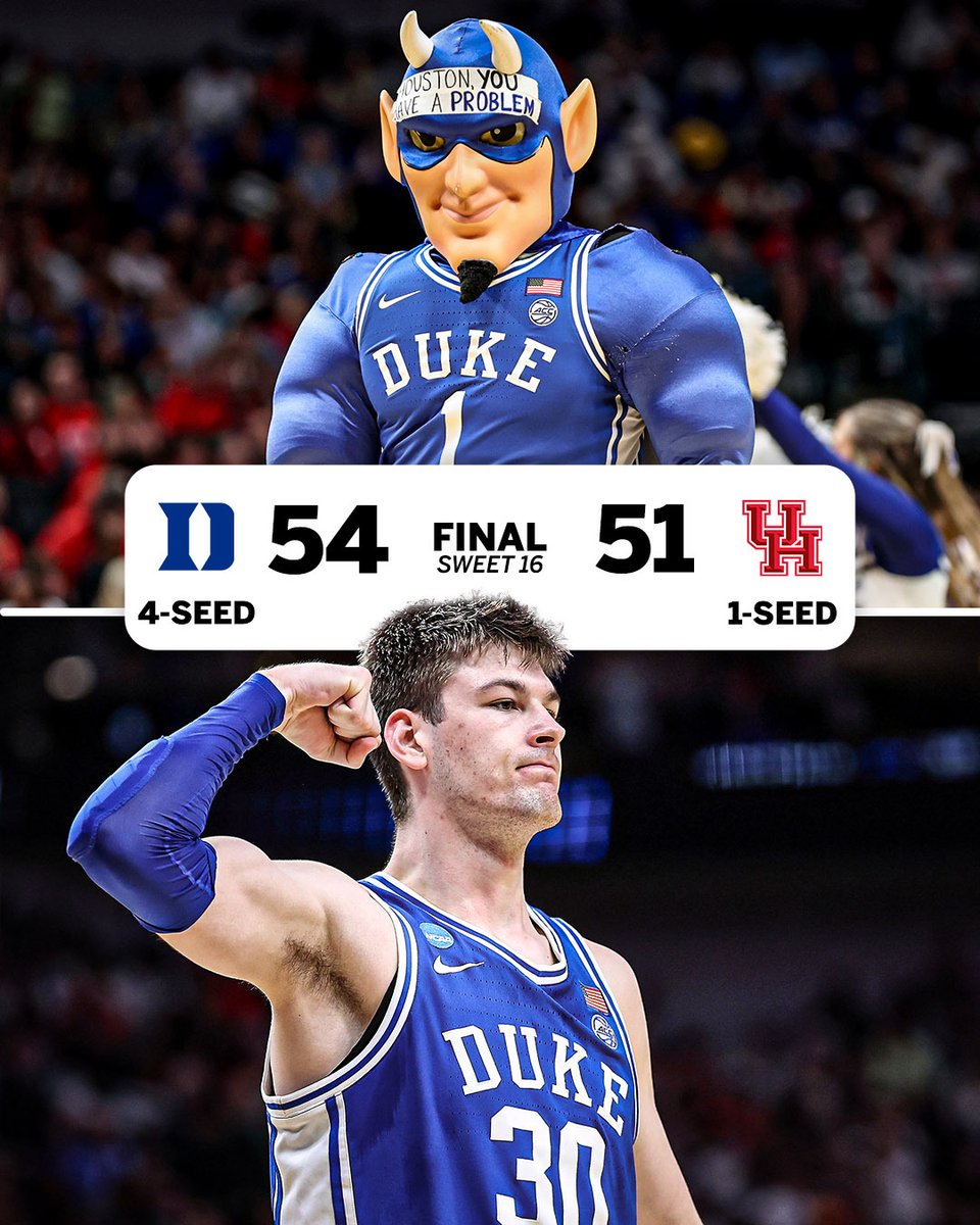 SportsCenter's tweet image. HOUSTON, YOU HAVE A PROBLEM‼️

4-seed Duke takes down 1-seed Houston to move on to the Elite Eight 😈
