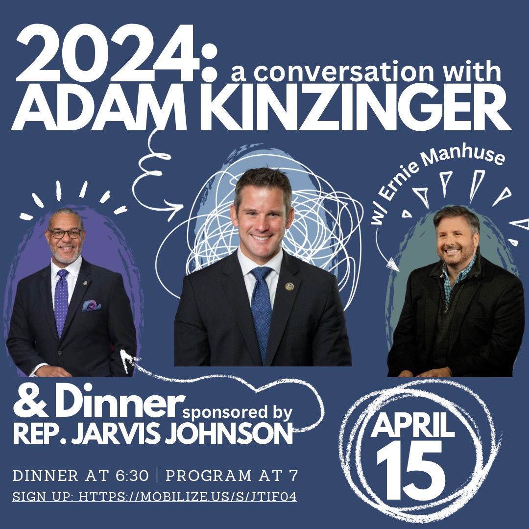 Our April meeting will feature @AdamKinzinger ! And he will be interviewed by @ErnieOnTV . Dinner sponsored by @jarvisjohnsontx . You must register: mobilize.us/s/fbJ1kJ