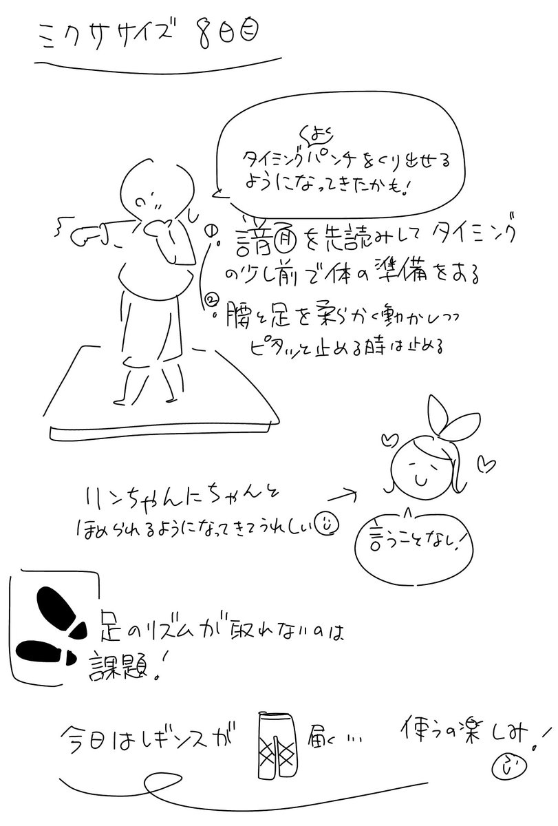 ミクササイズ日記 8日目👀💪
だんだん慣れてコツを掴んできたかも!?
足のリズムが取れないのは無意識に関節に気を遣ってるのもあるかも?と思います。
今日はスポーツ用のレギンスが届くので使うのが楽しみ…🦵🦵 