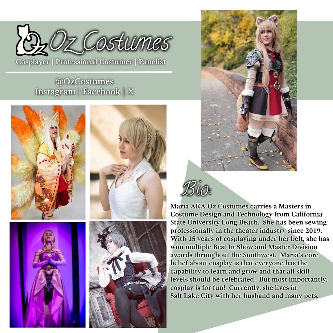 OzCostumes's tweet photo. My media kit! Hi!  My name is Maria aka Oz and I am a cosplayer that has been cosplaying for 15+ years and specialize in fine sewing and competitions.
#cosplayguest #cosplay #mediakit #cosplaymediakit #animeconvention #comicconvention #gamingconvention #cosplayjudge https://t.co/O5IkO6v2Z2