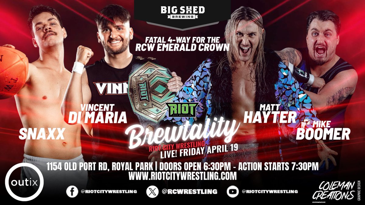 👑 Vincent Di Maria defends the #RCWEmeraldCrown at #RCWBrewtality LIVE from @bigshedbeer against SNAXX, @HayterEgo, and Mike Boomer! 🎫 outix.co/tickets/event/… 🗓️ Friday, April 19th ⏰ Doors open 6:30pm | Event starts from 7:30pm 📍 1154 Old Port Rd, Royal Park