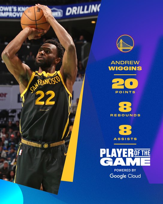 Andrew Wiggins: 20 Points 8 Rebounds 8 Assists Player of the Game, powered by @googlecloud 