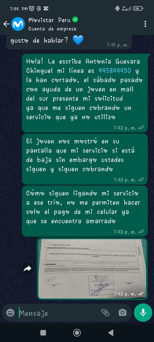 pxnd27's tweet photo. @OSIPTEL Hoy siendo casi abril, @MovistarPeru sigue facturando ese servicio ya "dado de baja" y no permite hacer el pago de mi línea móvil que han cortado. Su solución, es que igual lo pague pero fraccionado por un servicio que YA DIERON DE BAJA SE SUPONE PERO SIGUEN FACTURANDO. https://t.co/O6OpQ673Bm