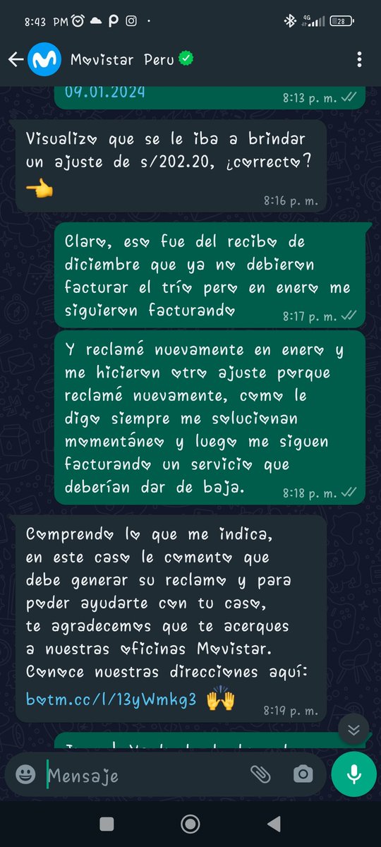 pxnd27's tweet photo. @OSIPTEL Hoy siendo casi abril, @MovistarPeru sigue facturando ese servicio ya "dado de baja" y no permite hacer el pago de mi línea móvil que han cortado. Su solución, es que igual lo pague pero fraccionado por un servicio que YA DIERON DE BAJA SE SUPONE PERO SIGUEN FACTURANDO. https://t.co/O6OpQ673Bm