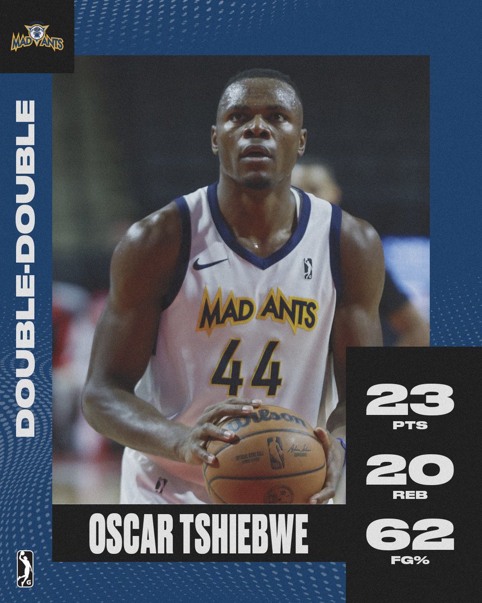 nbagleague's tweet image. Oscar Tshiebwe with another MONSTER PERFORMANCE. The @pacers two-way big man posted his third straight 20+ points and 20+ rebounds game and sixth of this season. 💪🙌