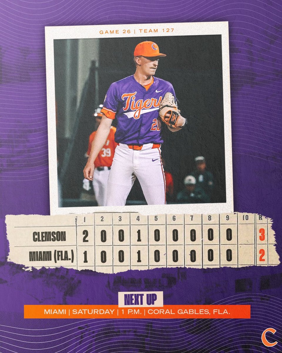 ClemsonBaseball's tweet photo. Back in the Win column✅
#Clemson defeats Miami in Game 2️⃣ to even the series 1-1!🐅
STORY ➡️ https://t.co/uwdG6LK3v3 https://t.co/6iXtAvrguV