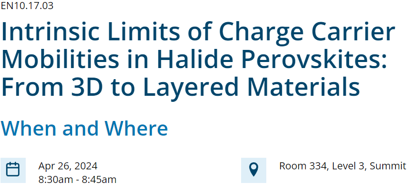 BrunoCucco's tweet photo. Are you joining the MRS Spring Meeting in Seattle? Are you interested in the transport properties of perovskites? 

If you answered yes to both questions come chat on the April 26! In this work we discuss an intrinsic limitation of the charge transport in layered perovskites. https://t.co/2OTcATtiTJ
