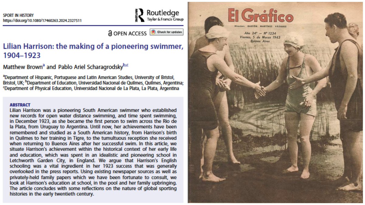 Gerardo L. Munck (@gerardomunck) on Twitter photo I am very happy to share this article by <a href="/mateobrown/">Matthew Brown</a> & Pablo Scharagrodsky on my grandmother’s achievements as a swimmer and how she prepared to become the first person to swim across the Rio de la Plata, from Uruguay to Argentina in 1923.
Free access: tandfonline.com/doi/epdf/10.10… I am very happy to share this article by <a href="/mateobrown/">Matthew Brown</a> & Pablo Scharagrodsky on my grandmother’s achievements as a swimmer and how she prepared to become the first person to swim across the Rio de la Plata, from Uruguay to Argentina in 1923.
Free access: tandfonline.com/doi/epdf/10.10…