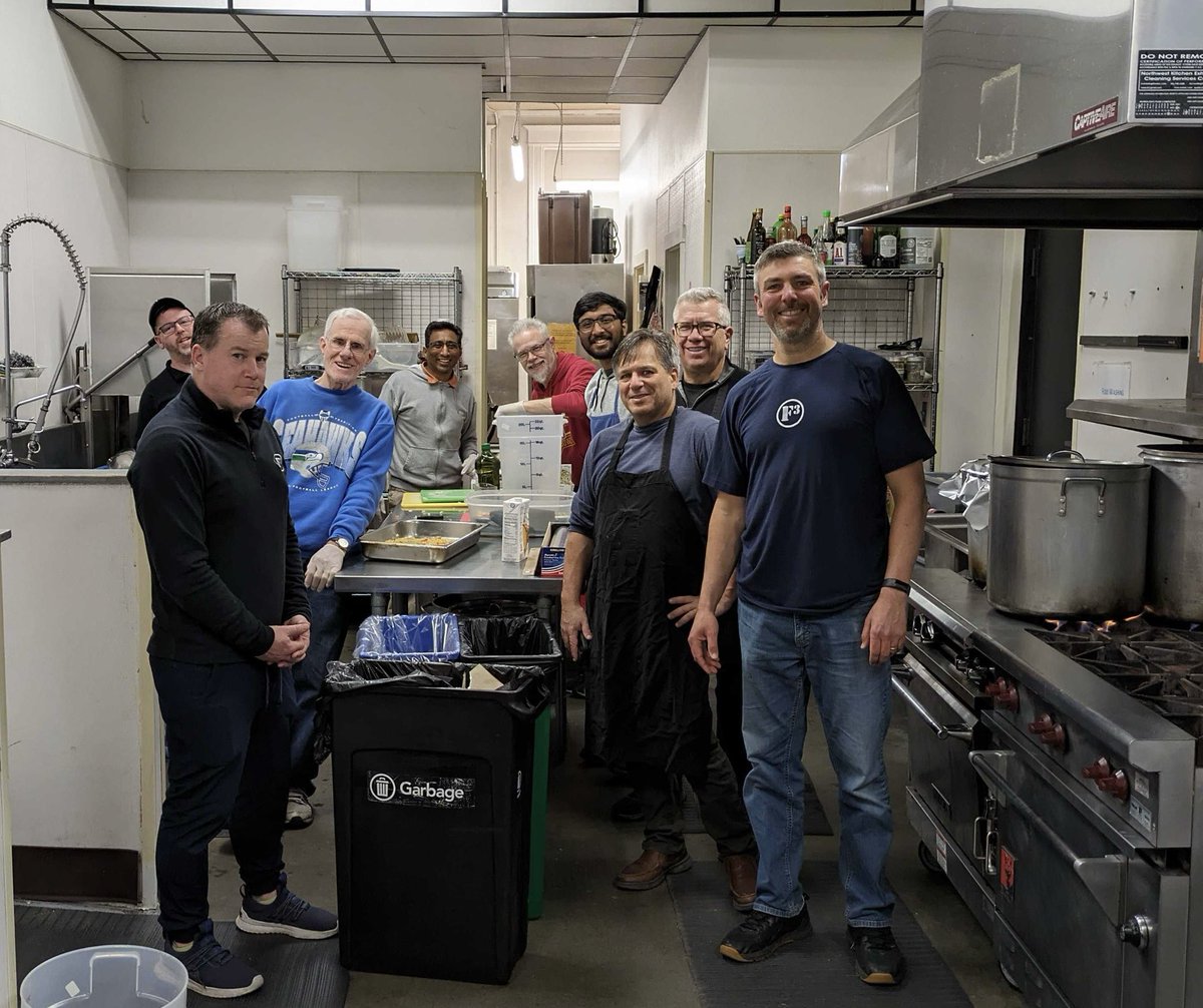 F3Seattle's tweet photo. #F3 3rd Gear Rally in full swing for @F3PugetSound Super Region. Nine #HIM from @f3seattle @F3Kirkland &amp; @f3cascades at Operation Nightwatch preparing 150+ hot meals for housing insecure &amp; women’s shelter recipients. 

#F3Impact #GiveItAway #3rdF https://t.co/FgLL47TiWZ