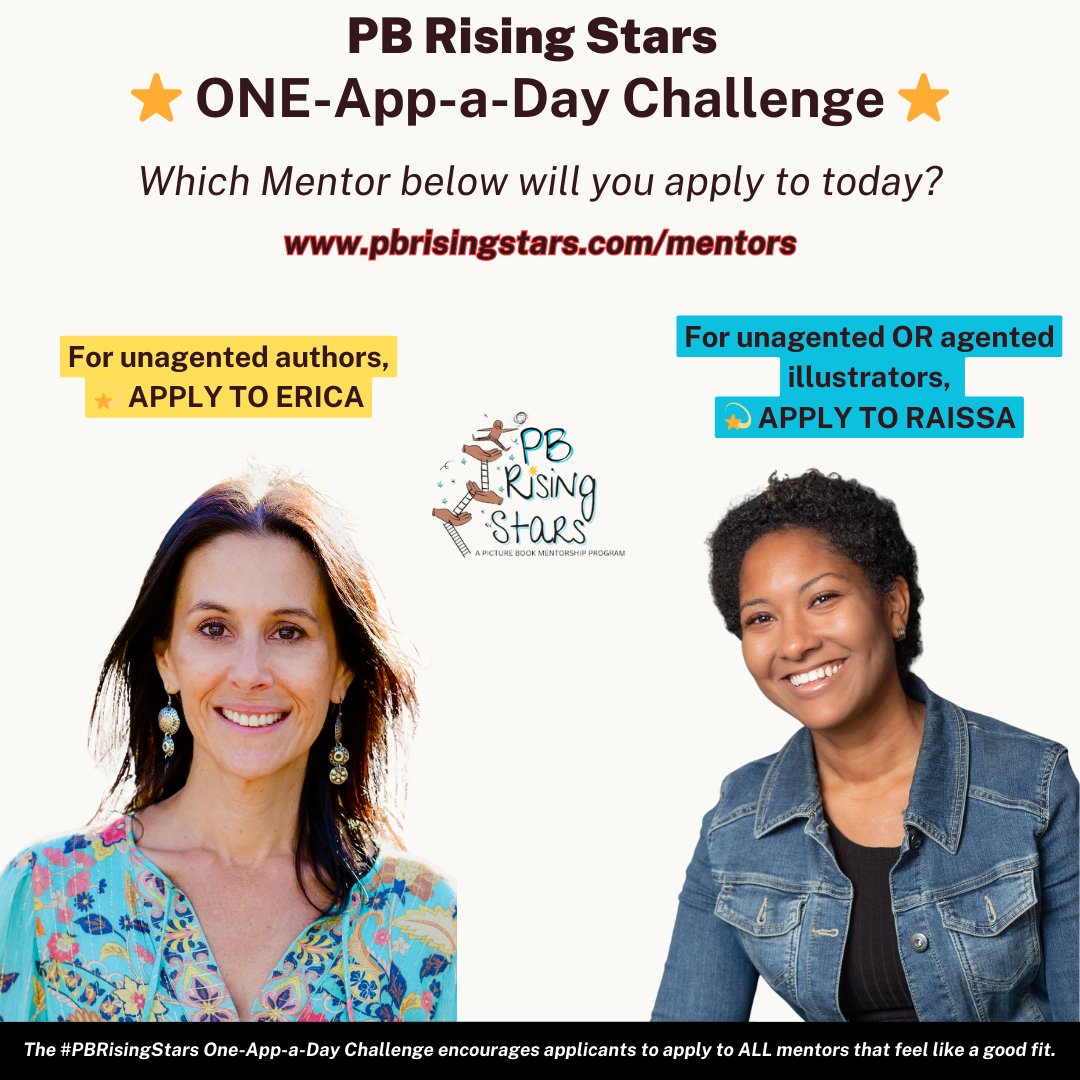 ebonylynnmudd's tweet image. 💫It's the weekend! The perfect time to submit a mentee app for the #PBRisingStars One-App-A-Day Challenge!

Are you applying to Erica OR Raissa today?

Unagented authors:
pbrisingstars.com/erica

Unagented OR Agented illustrators:
pbrisingstars.com/raissa

#kidlit #kidlitart