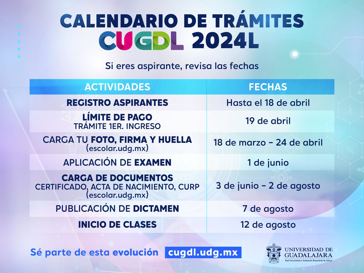 udg_oficial's tweet photo. 📢 ¡Aspirante al @cugdl_udg! 

Aquí tienes los pasos y fechas importantes de tu proceso de admisión. 🗓️  

¡Comparte esta información para ayudar a más aspirantes!🤝 https://t.co/Kv5FshD2Jz