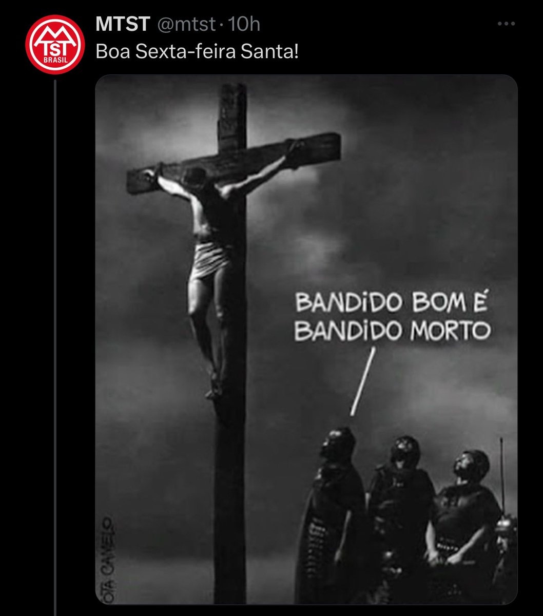 Inaceitável! Nesta Sexta-feira da Paixão, o MTST desrespeita profundamente a fé cristã. Movimentos como esse mostram claramente sua intenção de desvalorizar nossos princípios e desrespeitar nossa crença. A imagem postada pelo MTST de Jesus Cristo crucificado é revoltante.