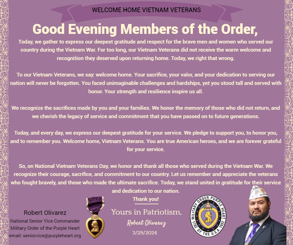 𝗔 𝗺𝗲𝘀𝘀𝗮𝗴𝗲 𝗳𝗿𝗼𝗺 𝗼𝘂𝗿 𝗦𝗲𝗻𝗶𝗼𝗿 𝗩𝗶𝗰𝗲 𝗖𝗼𝗺𝗺𝗮𝗻𝗱𝗲𝗿, 𝗥𝗼𝗯𝗲𝗿𝘁 𝗢𝗹𝗶𝘃𝗮𝗿𝗲𝘇! #WelcomeHomeVietnamVeterans #VietnamVeteransDay #VietnamWar #NeverForget #HonoringService #AmericanHeroes #Gratitude #Respect #Patriotism #ServiceAndSacrifice