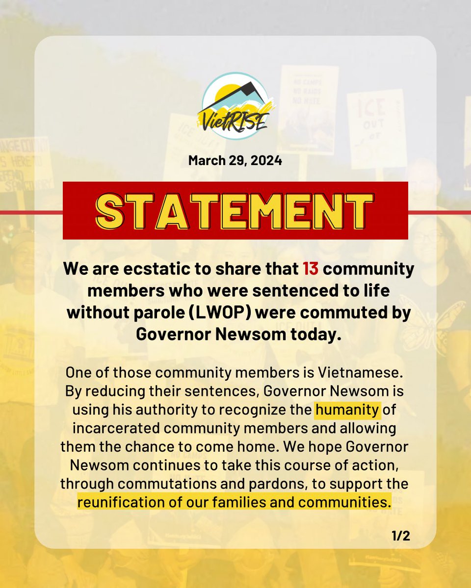 🔥🔥🙏🏼 We are ecstatic to share that 13 community members who were sentenced to life without parole (LWOP) were commuted by Governor Newsom today.

One of those community members is Vietnamese.

#bringthemhome