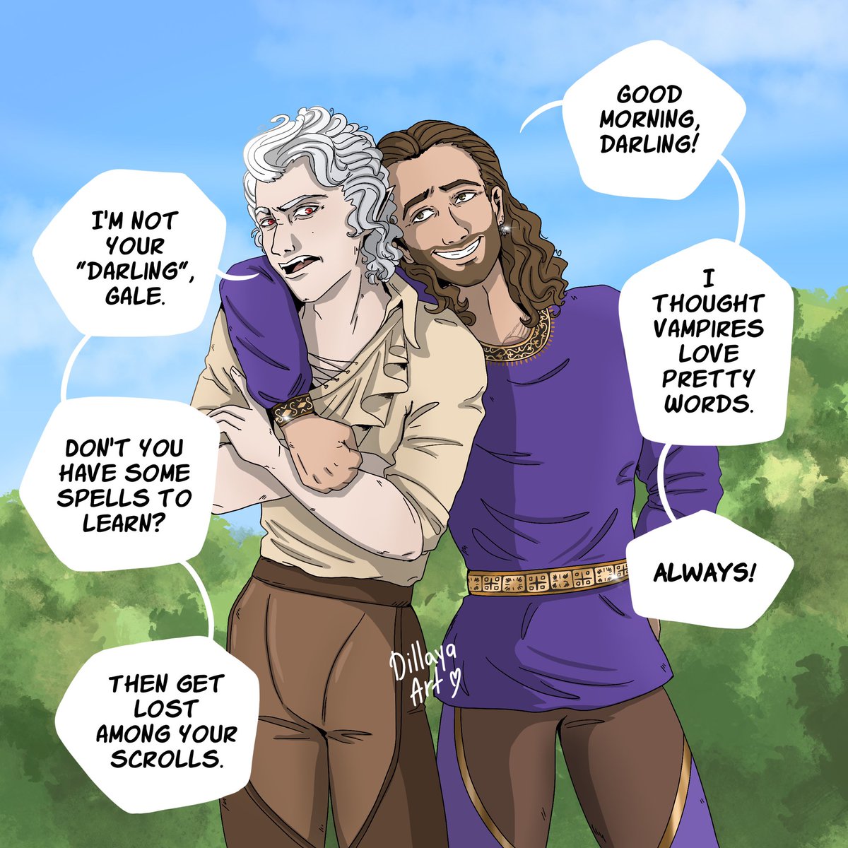 A dialogue that could certainly happen 😆
I enjoyed drawing this piece.
Gale, you're next😏

#bg3fanart #dillayaart #astarionfanart #galefanart #galebg3 #astarionbaldursgate3 #astarionart #galeart #bg3astarion #bg3gale #bg3comic #bg3funny #baldursgate3fanart #astarionromance