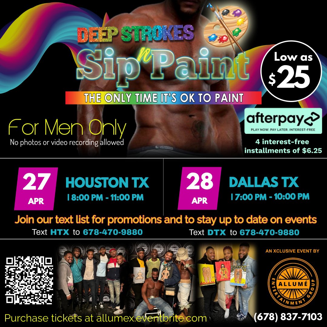 AllumeX's tweet photo. Houston and Dallas come experience the largest and just about only, all male sip and paint. This unique experience is made by us for us. So come where we are celebrated and not tolerated #๐ #๐ณ๏ธโ๐ #๐จโโค๏ธโ๐จ #htxgay #houstongay #houstongays #houstonsplash #dallasgay #dallasgays #dallasgayscene #houstongaypride #allume #thingstodoinhoustontx #thingstodoindallas