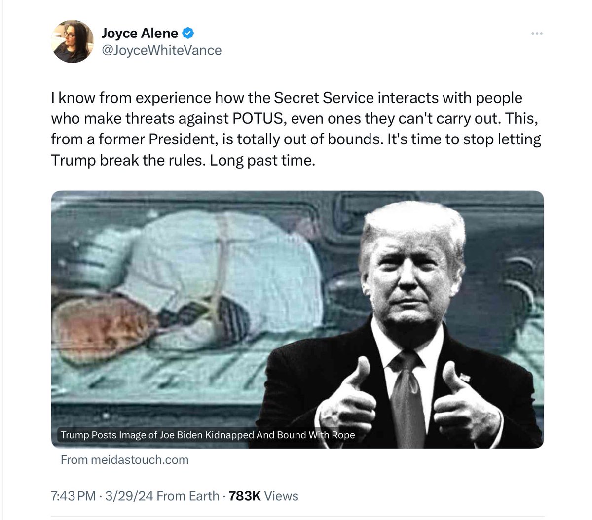 @JoyceWhiteVance After everything he has said over the years The violence he incited The MAGA bomber The El Paso mass murderer The January 6 insurrection He can’t pass this off as a joke-or satire Because THIS Is stochastic terrorism And Trump MUST be arrested by the Secret Service NOW