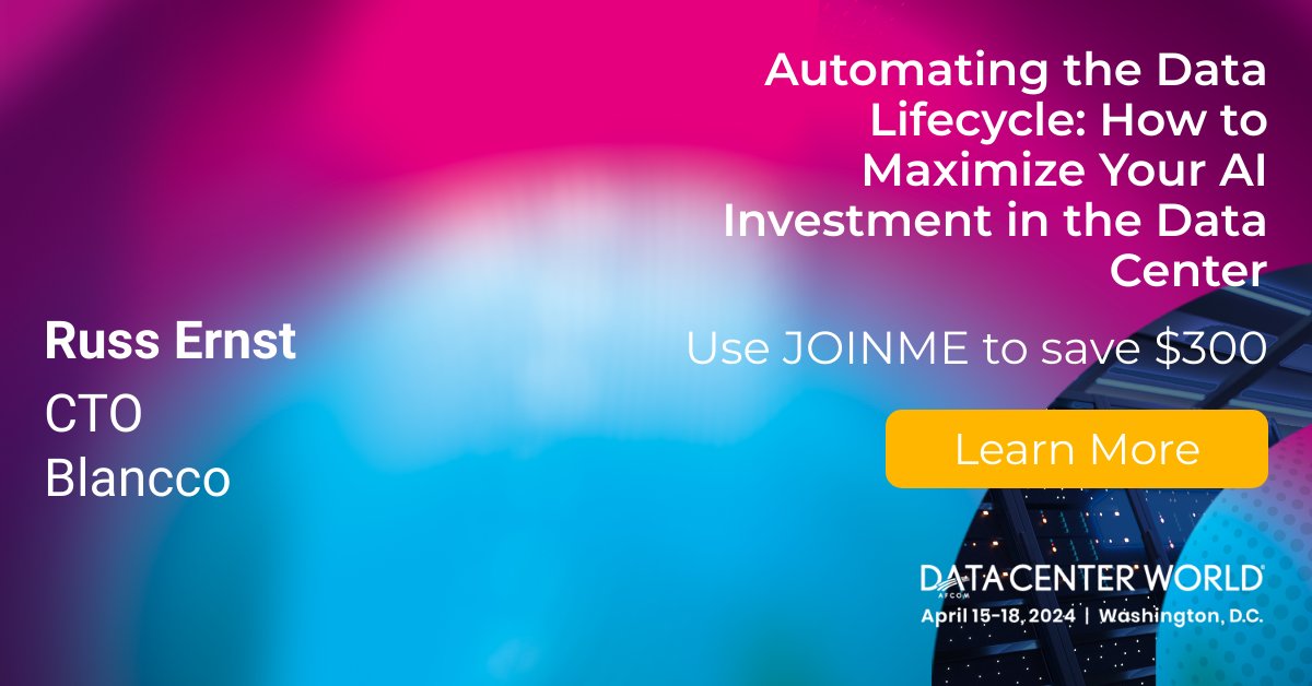 BlanccoTech's tweet image. Save the date for a groundbreaking session! Russ Ernst of Blancco presents &quot;Automating the Data Lifecycle: How to Maximize Your AI Investment in the Data Center&quot; at Data Center World on April 16, 10 am in Room 206. #DataCenterWorld
sbee.link/g9y7n3b8mf