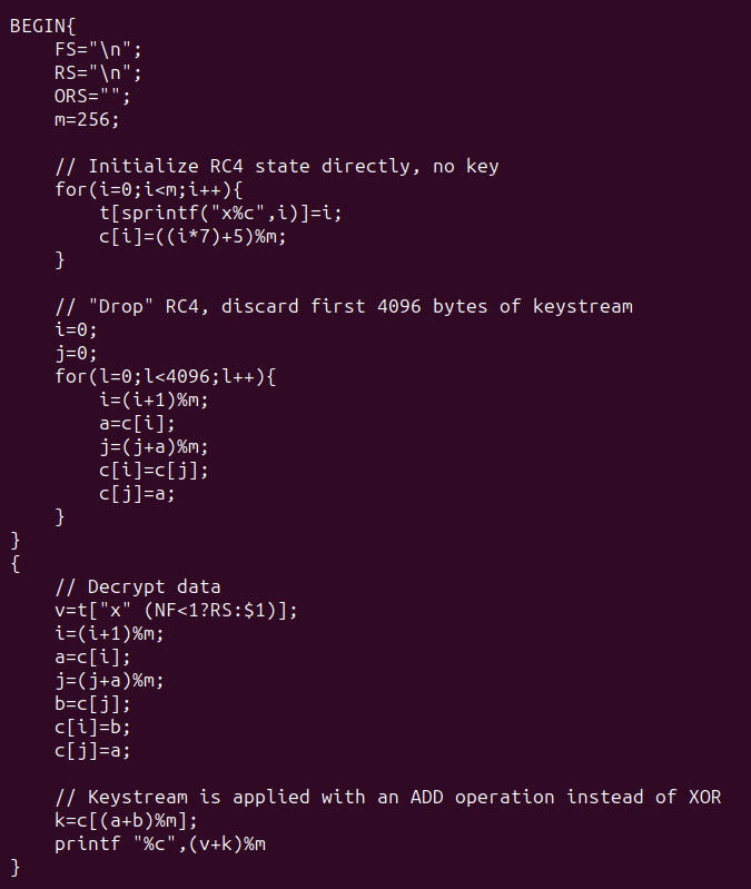 nugxperience's tweet photo. RC4 recognizer here. The AWK portion of the #xz #backdoor decoding script is implementing a modified RC4 algorithm.
- No key, the RC4 state is initialized directly
- "Drop" RC4, discarding 4096 bytes of keystream
- The keystream is applied with an ADD rather than XOR https://t.co/6bYhz5THLQ