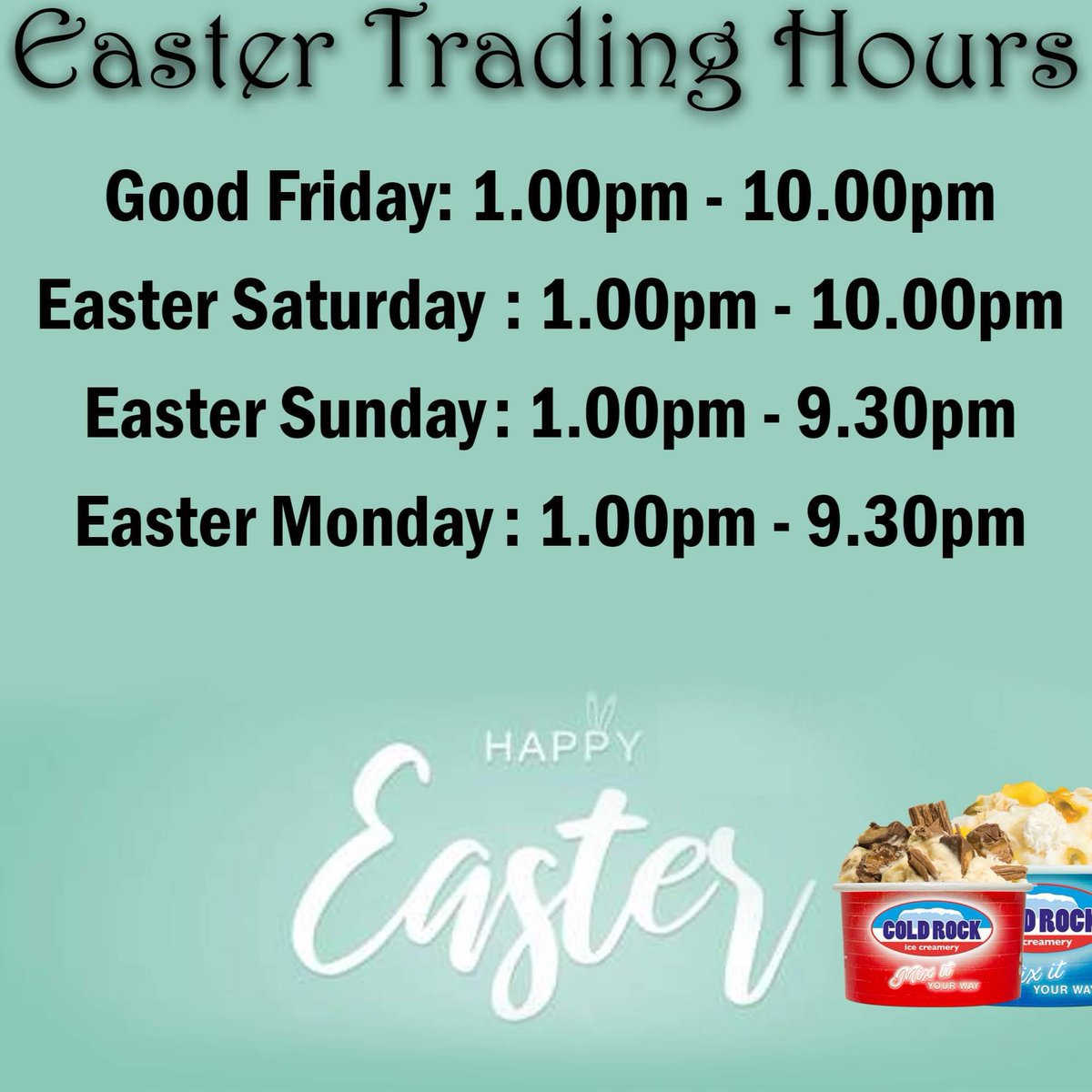 coldrockaspley's tweet image. YES! COLD ROCK ASPLEY IS OPEN from 1pm today. We'll be operating on limited hours during the Easter weekend. Check our website or give us a call for more details. Have a wonderful celebration! 🎉 
🐰🌼 Happy Easter from all of us! 🌼🐣
#HappyEaster #LimitedHours #CelebrateSafely