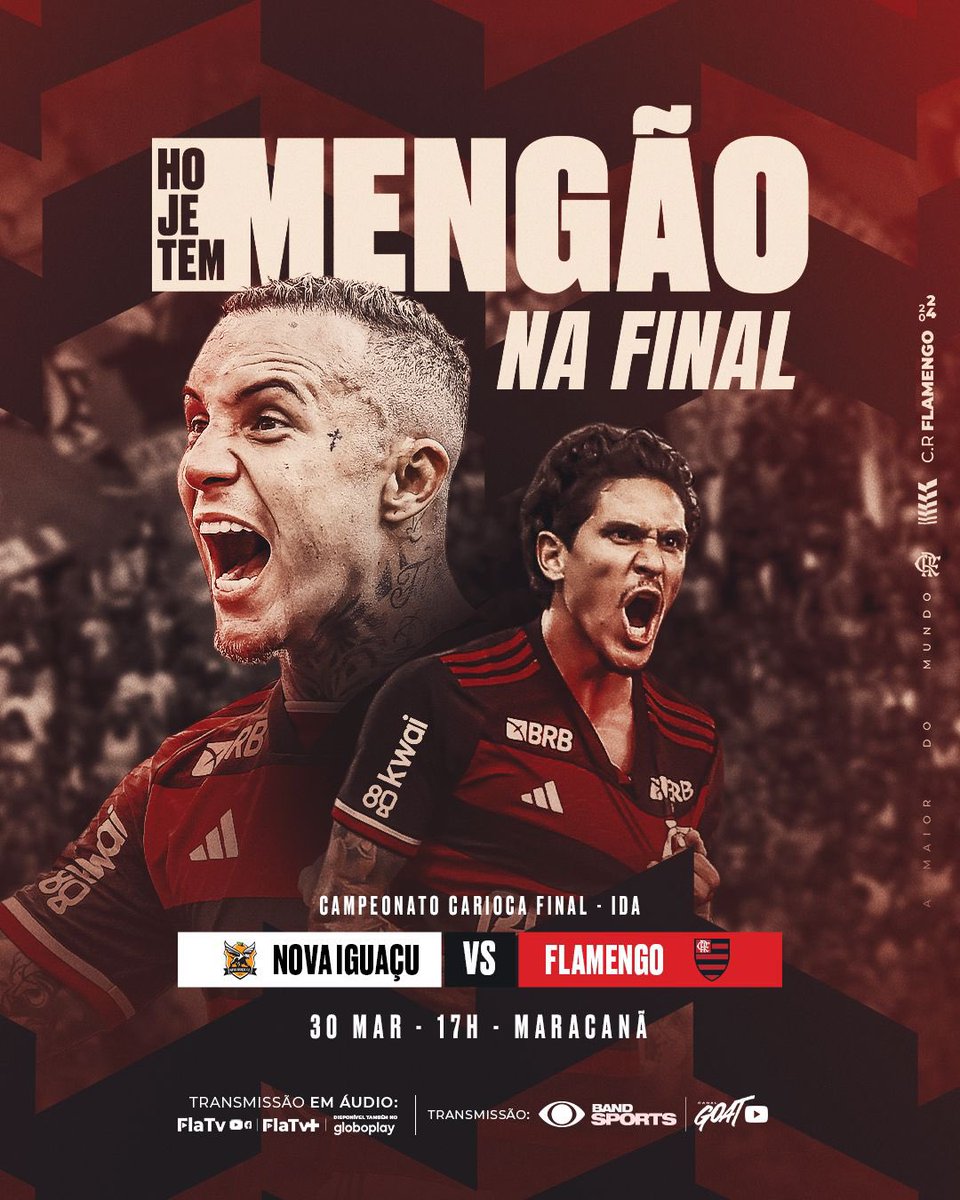 Flamengo's tweet photo. HOJE TEM MENGÃO NA FINAL DO @Cariocao! 

Às 17h, o Mais Querido enfrenta o Nova Iguaçu, no Maracanã, no jogo de ida! Vamos com tudo, Nação! 💪❤️🖤

#NIGxFLA #VamosFlamengo https://t.co/yxJjUeoAjc