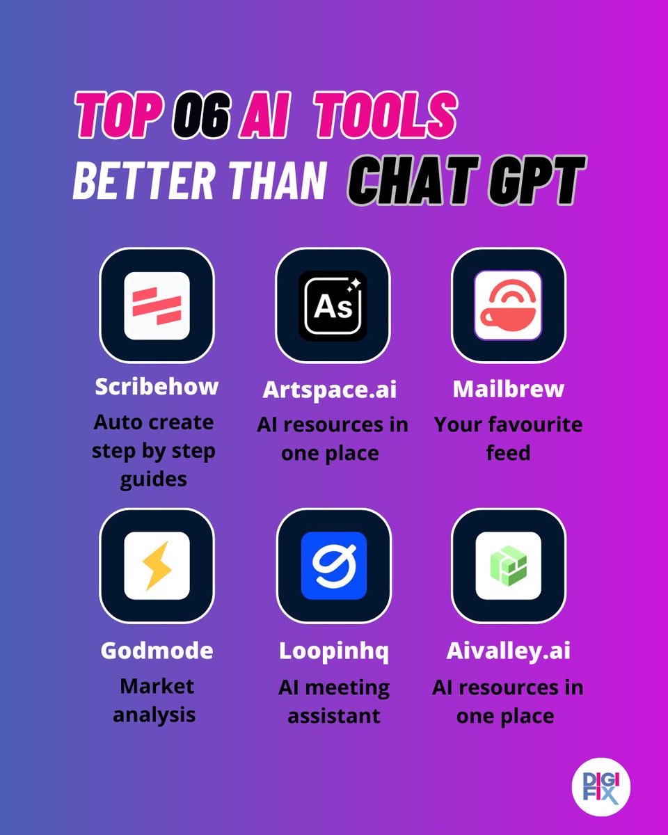 digifixaus's tweet image. Enhance your productivity with these six groundbreaking AI tools designed to revolutionize your work experience. 
#AIProductivityTools #EfficiencyEnhanced #WorkSmarterNotHarder #TechSavvyTools #DigitalAdvertising #OnlinePresence  #DigiFix