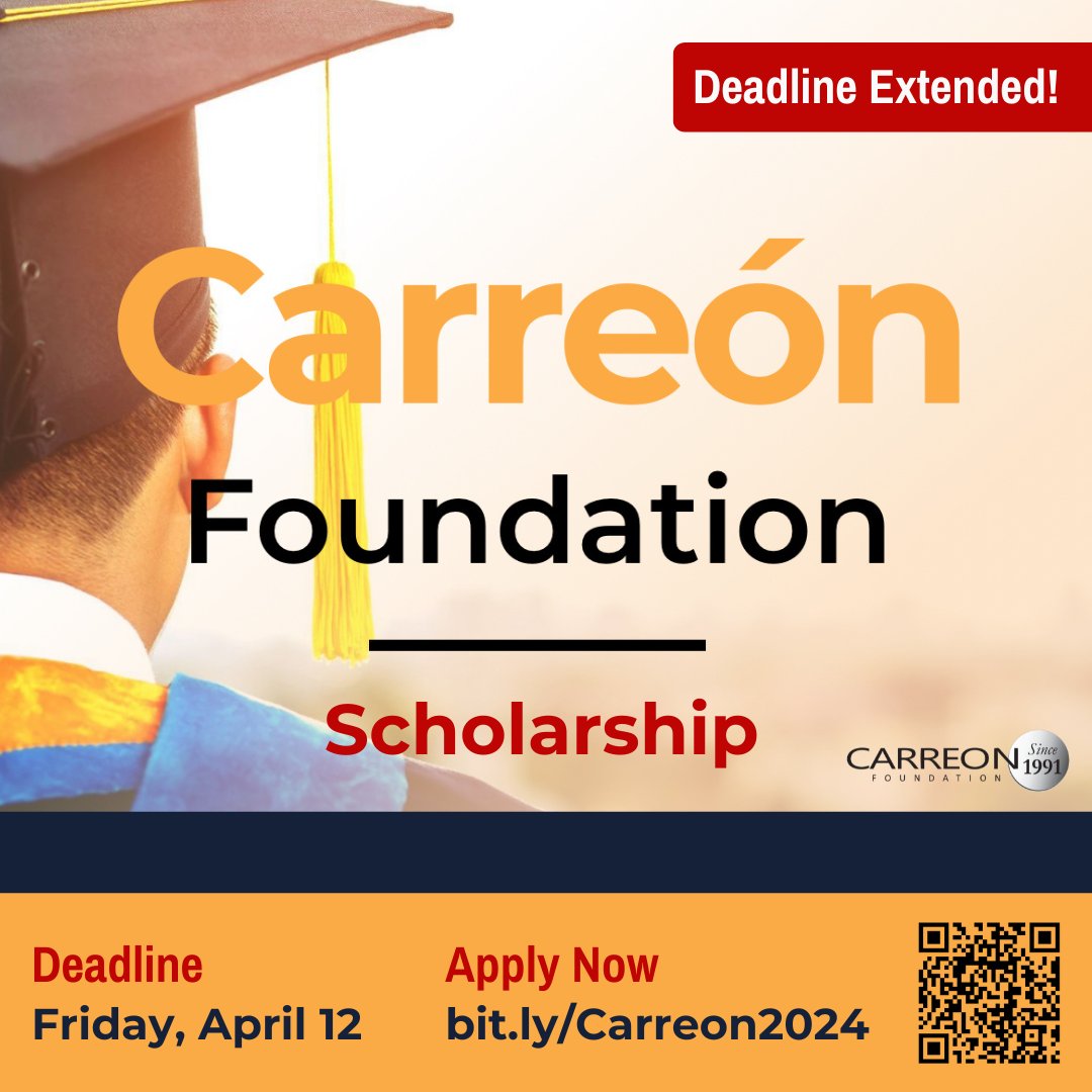 Deadline extended! If you haven't started your application for a Carreón scholarship, time is ticking. ⏰ Applications will be accepted through April 12. Don't delay, start today! 🎓 Visit carreonfoundation.org/for-students/ for more info. @DrCarreonFound @CVUnified @DesertSandsUSD @PSUSD