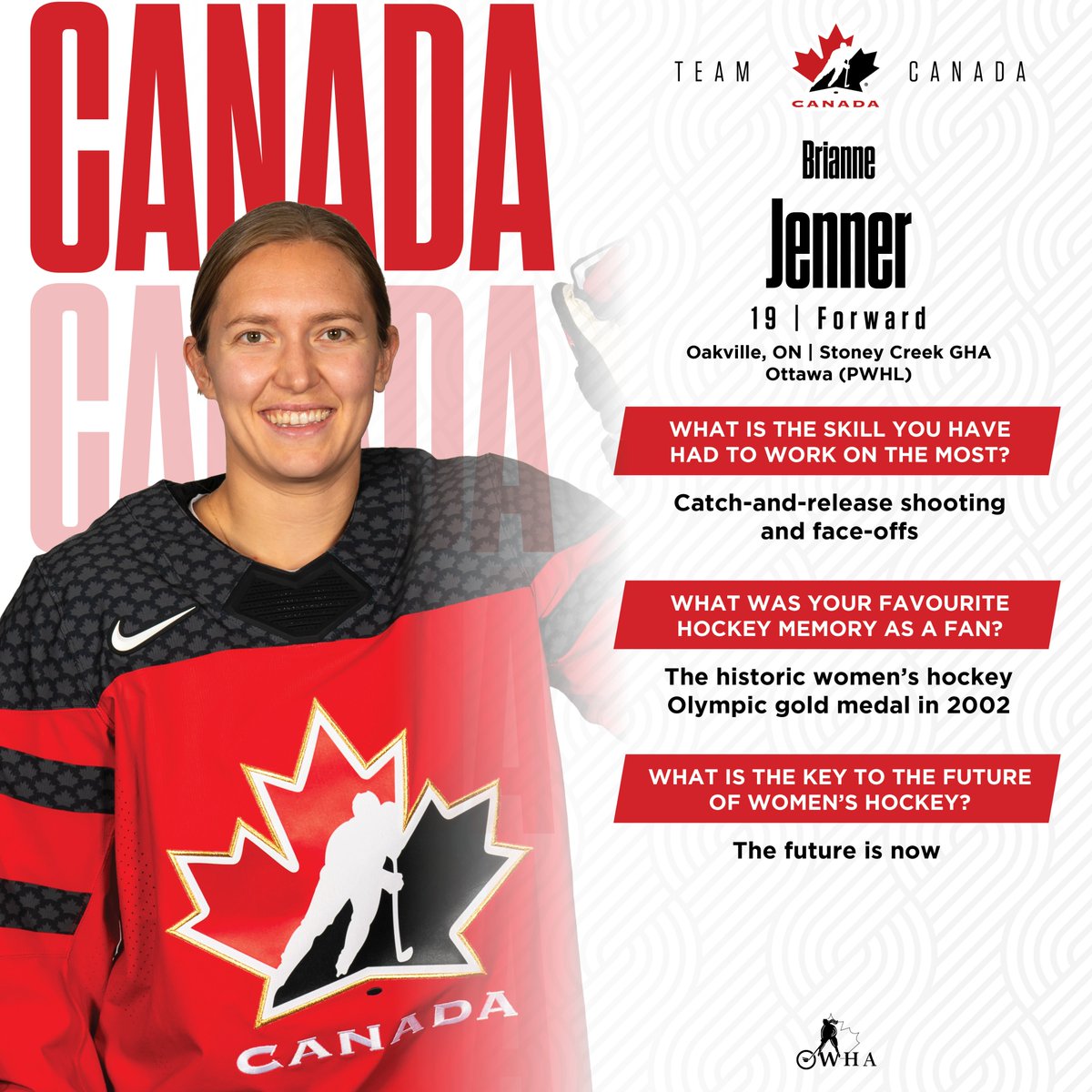 Get to know Team Canada! 🇨🇦 Faites connaissance avec les joueuses d’Équipe Canada! 🇨🇦 🍁 Julia Gosling 🍁 @NicoleGosling2 🍁 @emmamaltais17 🍁 @briannejenner #WomensWorlds | #MondialFéminin