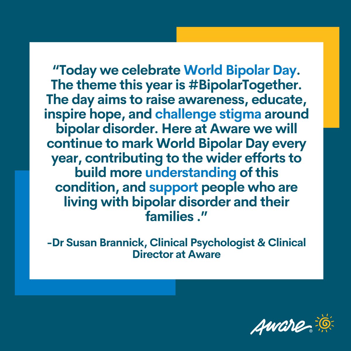 Today we celebrate #WorldBipolarDay. This year’s global theme of #BipolarTogether aims to connect, educate, & inspire hope. Remember you & your loved ones are not alone. See all the free resources available with our World Bipolar Day campaign 👉 aware.ie/world-bipolar-… 3 d