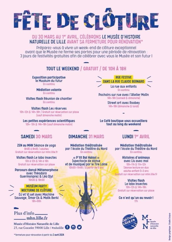 Profitez de ce long week-end festif et gratuit au <a href="/MHNLille/">Muséum de Lille</a>, avant qu’il ne ferme ses portes pour une période rénovation, de 2 ans ! Retrouvons-nous dès 16h, ce lundi 1er avril, pour célébrer ensemble la fin des festivités et découvrir les grandes étapes vers le futur du musée⬇️