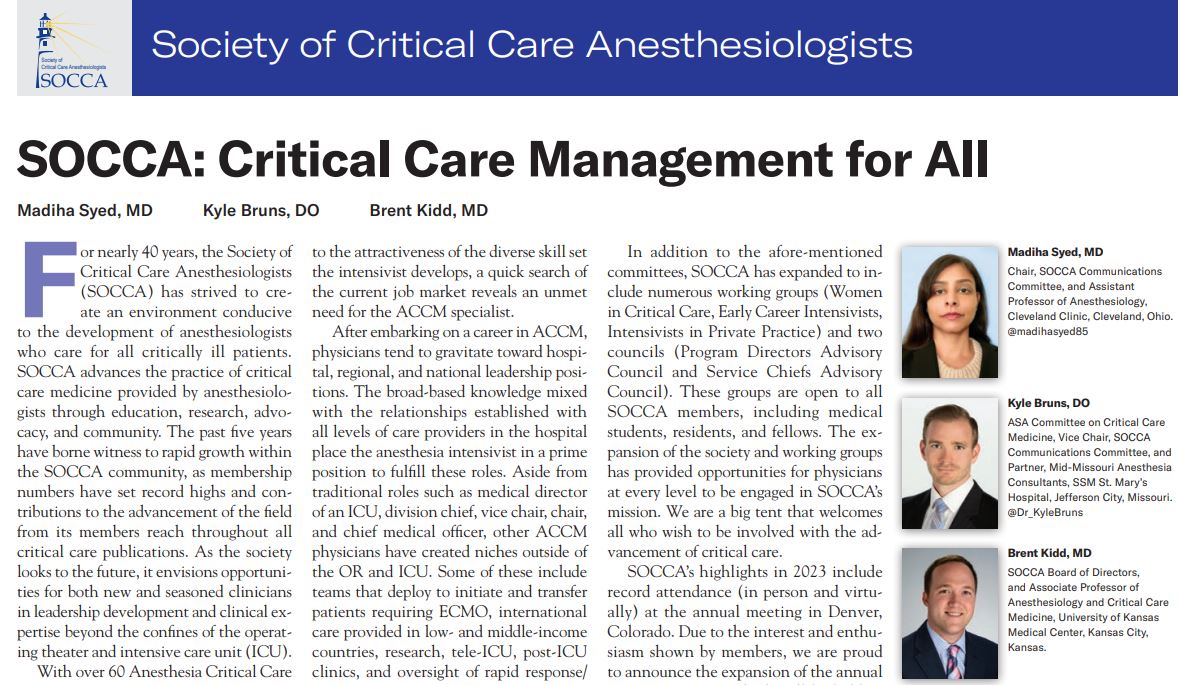 Society of Critical Care Anesthesiologists – Critical Care Management for All. We are a big tent that includes everyone interested in the advancement of critical care. Learn more about what SOCCA can do for you! ow.ly/xayi50R552n @madihasyed85 @Dr_KyleBruns #criticalcare