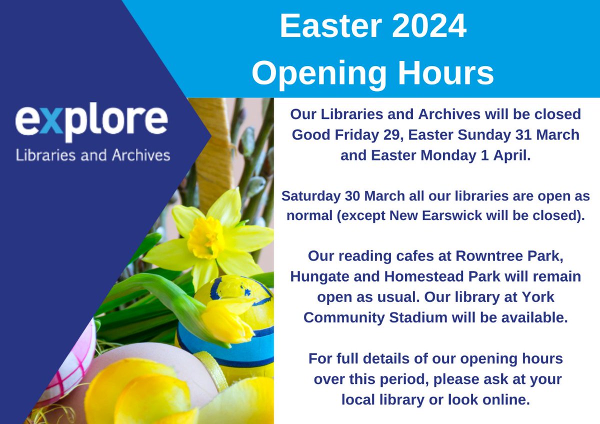 It’s the midst of the Easter weekend and we are open as usual today across #Explore (although sorry our New Earswick library is still closed). Pop in for a relaxed drink, a friendly chat or to pick up a new read. We are #HereForYou. 👉 exploreyork.org.uk/libraries/