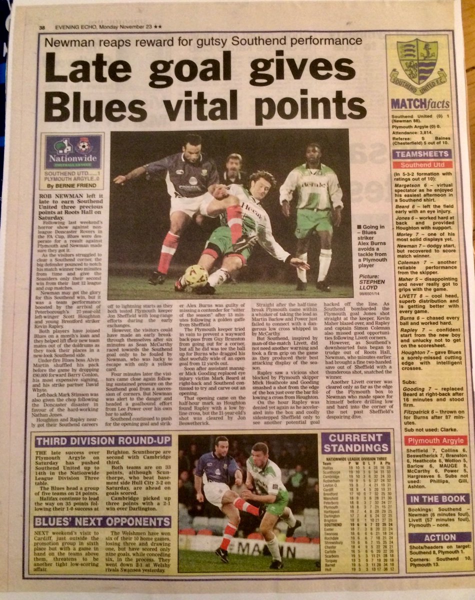 BernieFriend38's tweet photo. A winning debut as I wrote my first match report for @Essex_Echo in November 1998. I can still remember how nervous I felt filling the giant shoes of my predecessor Howard Southwood, who was my mentor & taught me so much about being a journalist #Southend #Plymouth #ThirdDivision https://t.co/dR9T7Mhw3J