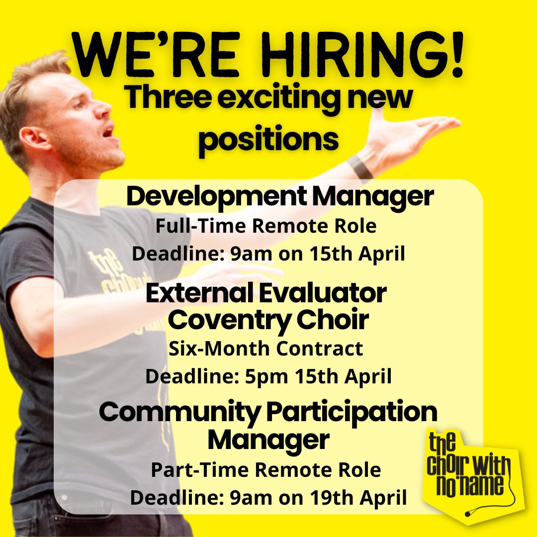 📢We're Hiring! We've got three exciting new opportunities to join the team - Development Manager, Community Participation Manager and External Evaluator for our Coventry choir. Check out our website for more details choirwithnoname.org/jobs #jobs #charitycareers #workwithus