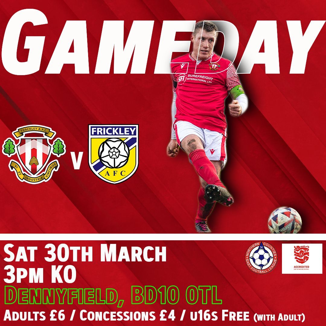 Thackley AFC (@thackleyafc) on Twitter photo ๐๐๐ ๐๐๐๐ฌ ๐ดโช
Our final HOME game of the season is here ๐ <a href="/frickleyafc/">Frickley Athletic FC</a>
We hope you can join us to celebrate what has been a very good season. We welcome our sponsors & supporters to Dennyfield to say a big thank you
Kick off at 3pm & bar at 12.30pm!
#ThackleyAFC ๐๐๐ ๐๐๐๐ฌ ๐ดโช
Our final HOME game of the season is here ๐ <a href="/frickleyafc/">Frickley Athletic FC</a>
We hope you can join us to celebrate what has been a very good season. We welcome our sponsors & supporters to Dennyfield to say a big thank you
Kick off at 3pm & bar at 12.30pm!
#ThackleyAFC