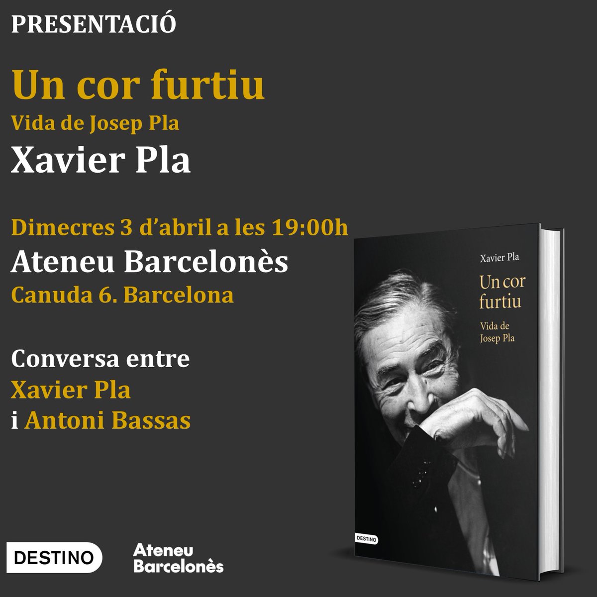 📅🖋️ No hi falteu! Dimecres 3 d'abril, @PlaXavierpla5 presenta la seva biografia de #JosepPla, ‘Un cor furtiu’: ⏱️ A les 19 h 📍A l'@ateneubcn, #Barcelona 🗣️Conversa amb l'@antonibassas 🟢 Us hi esperem! #Destino #Llegim