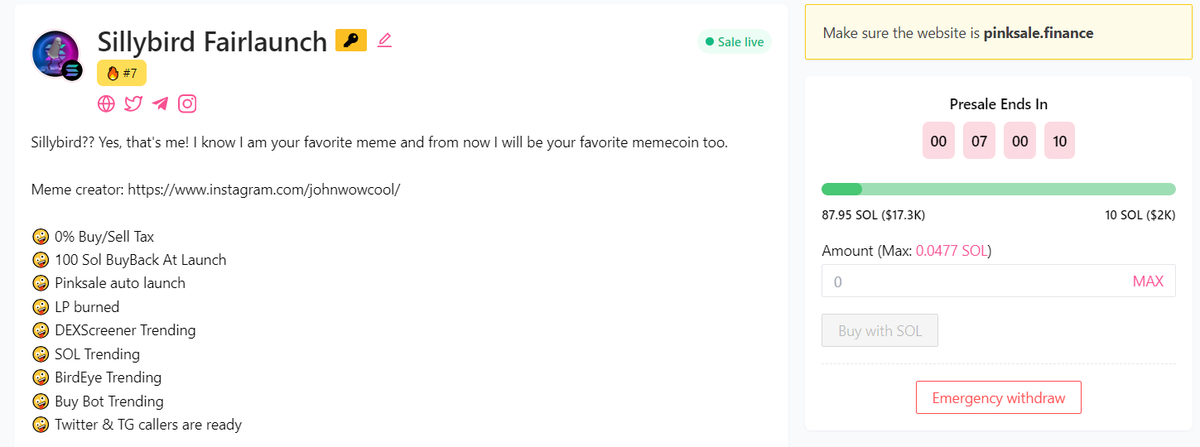 $SIB is trending #7 on pinksale!

Our presale ends in 7h!

The last best change to buy this memecoin is right now!

pinksale.finance/solana/launchp…

#solana #solanamemecoin #memecoin