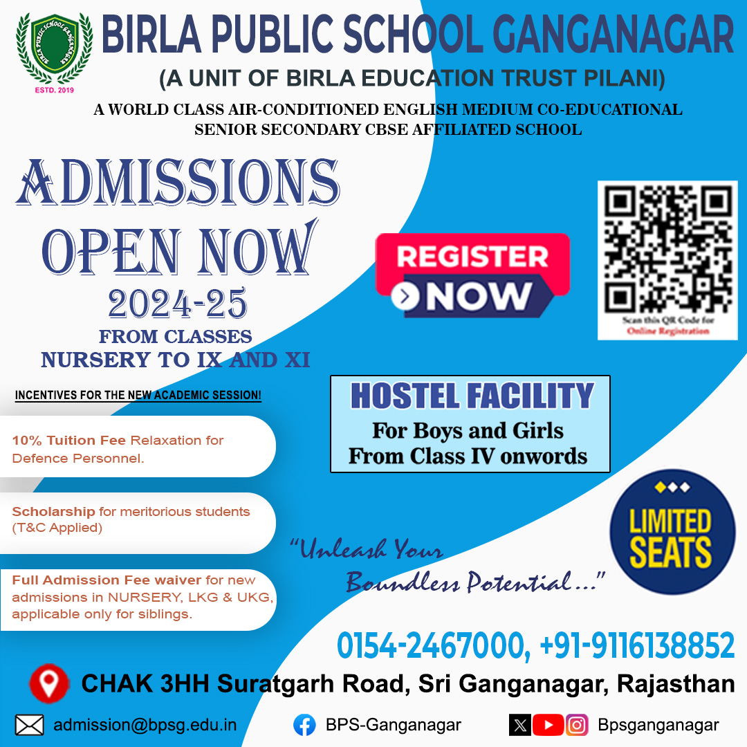 Admissions are now open for the session 2024-25
For inquiries and to secure your child's future, contact us today at:
Phone: 0154-2467000, +91-9116138852
Email: admission@bpsg.edu.in
Website: bpsg.edu.in
#BPSG #bpsgangnagar #sriganganagar #sgnr #betpilani #bpsgfamily