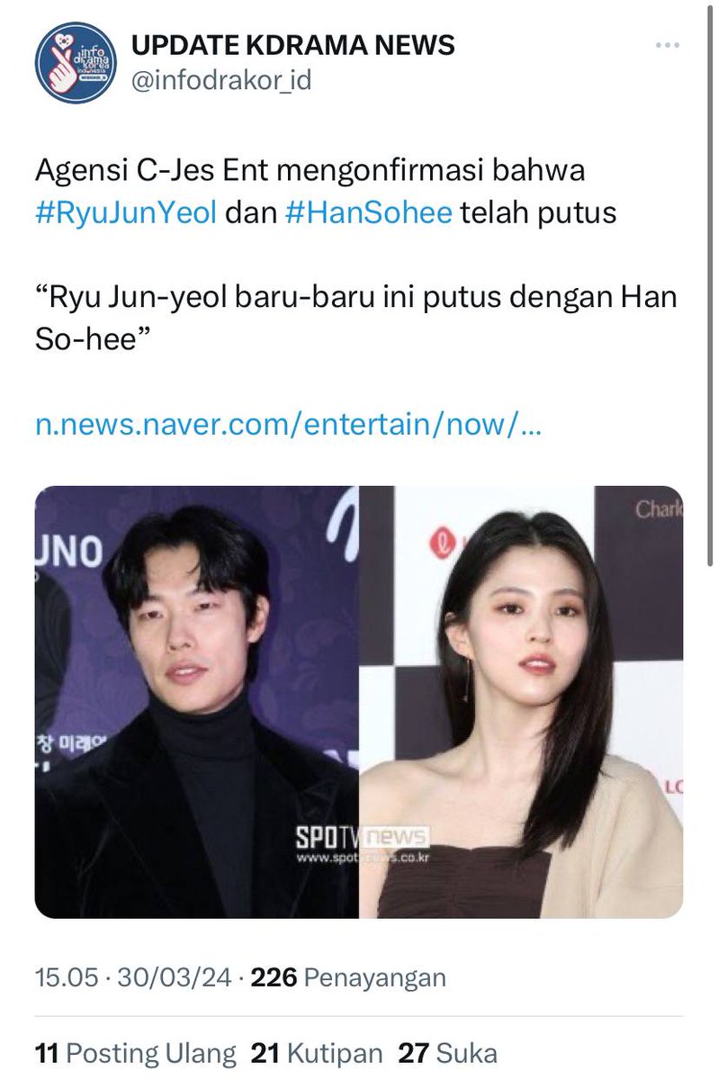 kdrama_menfess's tweet photo. •kdm• C-Jes Ent mengkonfirmasi Ryu Junyeol &amp; Han Sohee putus. https://t.co/eIdjAhTt2i