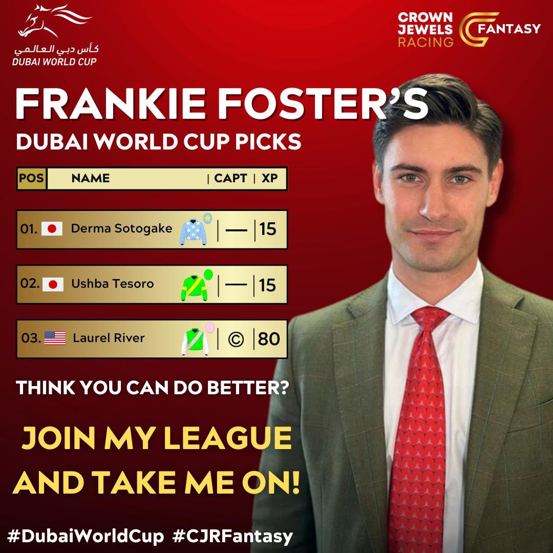 Are you joining Frankie Foster’s League for The Dubai World Cup today❓🇦🇪🏆🐎

🔗 Link in Bio

@FrankieFoster3_ @RacingDubai #dubaiworldcup #dwc24 #nobrainer #pickyourhorses #fantasyhorse #18ofthebest #premiumracing #cjrfantansy #game #horses #jockey #thoroughbred #horseracing