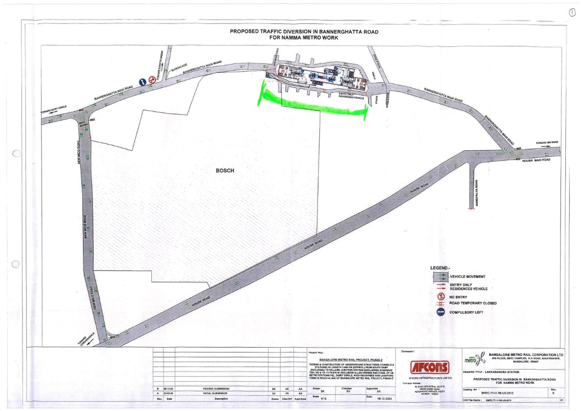 Closure of road from MICO Signal upto Anepalya Junction on the Bannerghatta Main Rd for a period of One year from 01.04.2024 due to Metro work at Lakkasandra UG Metro Station. Public are requested to cooperate in this regard.