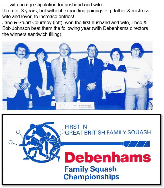 In 1981/2 a ‘family’ event was initiated in UK. The Debenhams Family Championships featured four categories: father & son, father & daughter, mother & daughter, brother & sister, husband and wife. Sons and daughters needed to be aged U19, brothers and sisters U23, ......
