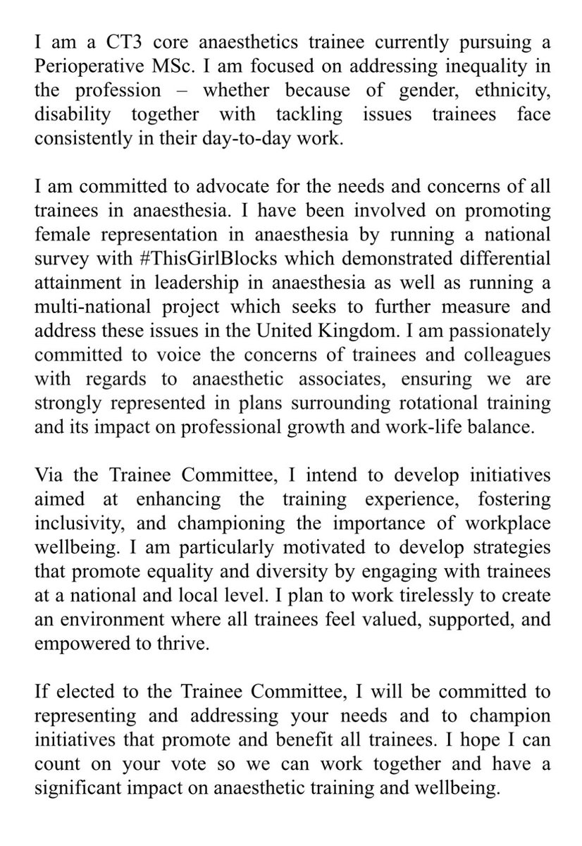 Hello! I’m standing for the trainee rep position for the @Anaes_Trainees I am focussed on addressing inequality in the profession and to champion initiatives that promote and benefit all trainees. Have a look at my statement to find out more about what I would bring!